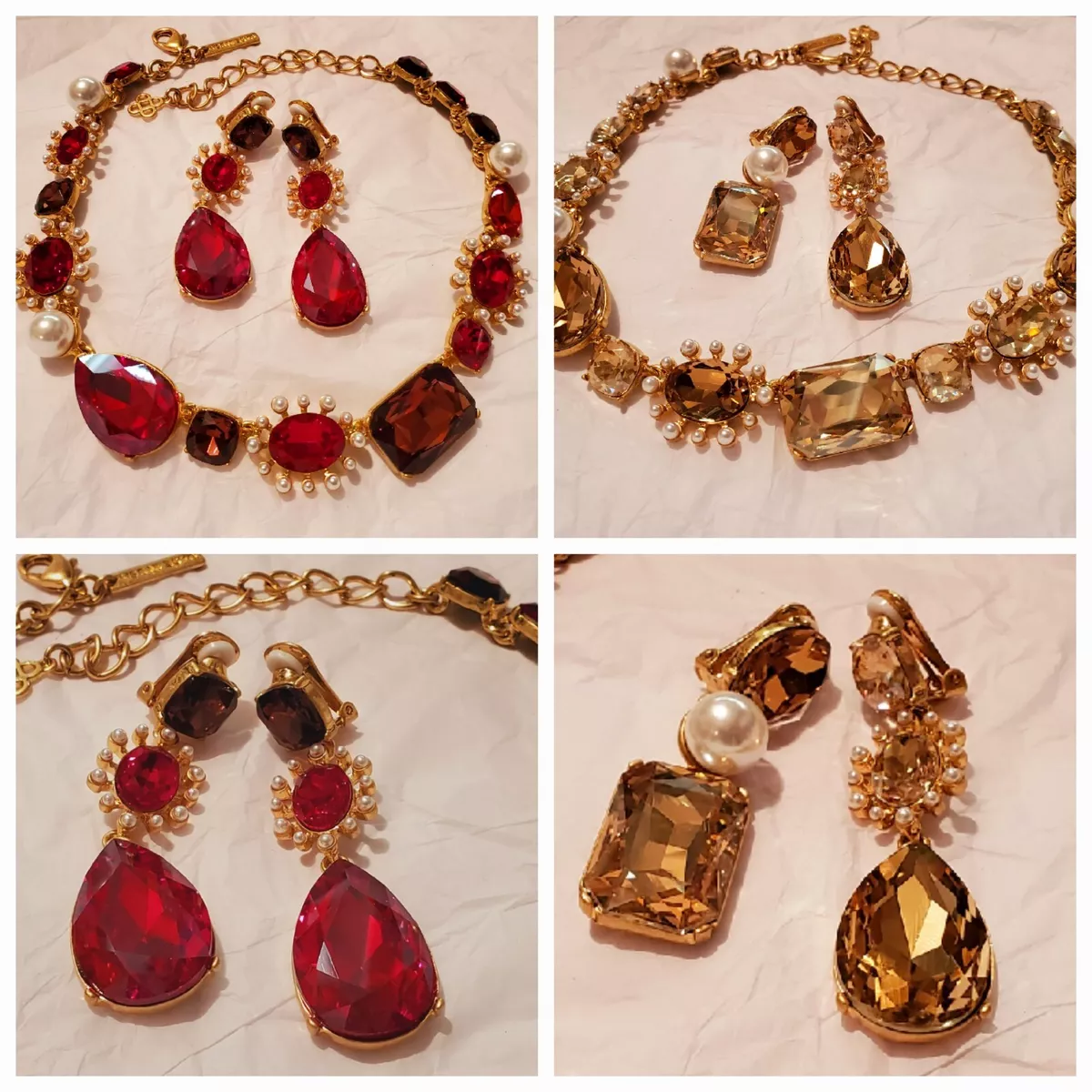 OSCAR DE LA RENTA Signed Luxury Crystal Necklace And Earrings Set RED OR YELLOW