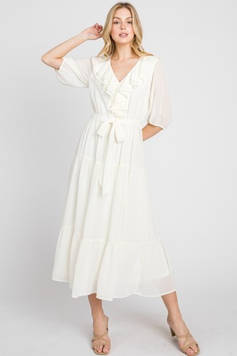 Vestido midi para mujer Calista Collection de gasa con volantes en capas en blanco roto - Imagen 7 de 12
