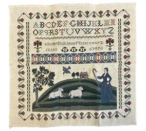VTG ALPHABET/NUMBR FOLK ART SAMPLER TAPESTRY~LADY SHEPHERD ANIMALS HOUSE FLOWERS