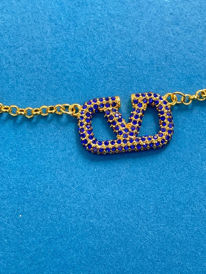 Valentino Gold Crystal V Logo Blue Pendant Necklace - Image 2 of 4