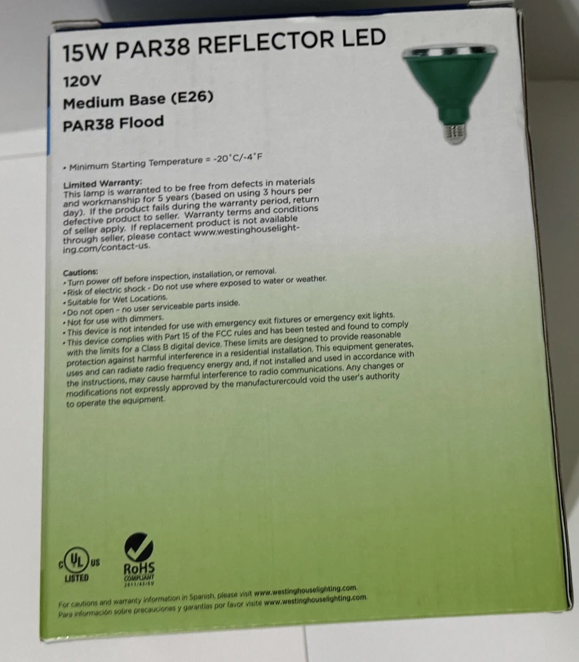 2 Pack Westinghouse 33149 Single 15 Watt Green PAR38 Medium (E26) LED Bulbs - Image 4 of 4