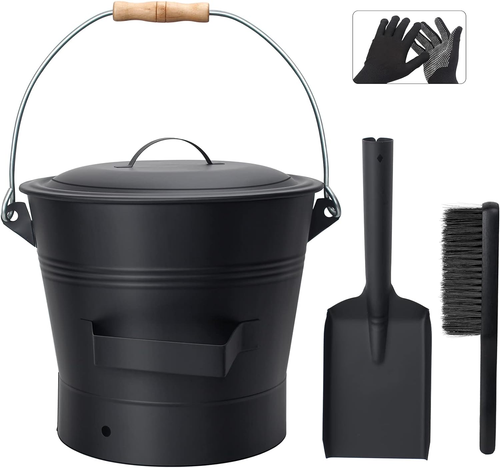 Ash Bucket with Lid, 2.6 Gallon Fireplace Ash Bucket with Shovel & Hand Broom, M - Picture 11 of 12
