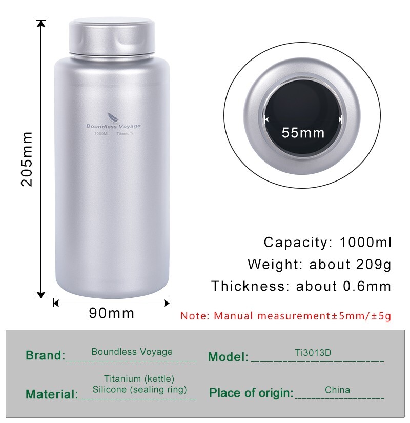 Boundless Voyage Titanium Big Capacity Water Bottle Outdoor Camping Cateen 1L