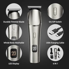 Beard Trimmer for Men - 6 In 1 Cordless Grooming Kit with Hair Clippers, Body