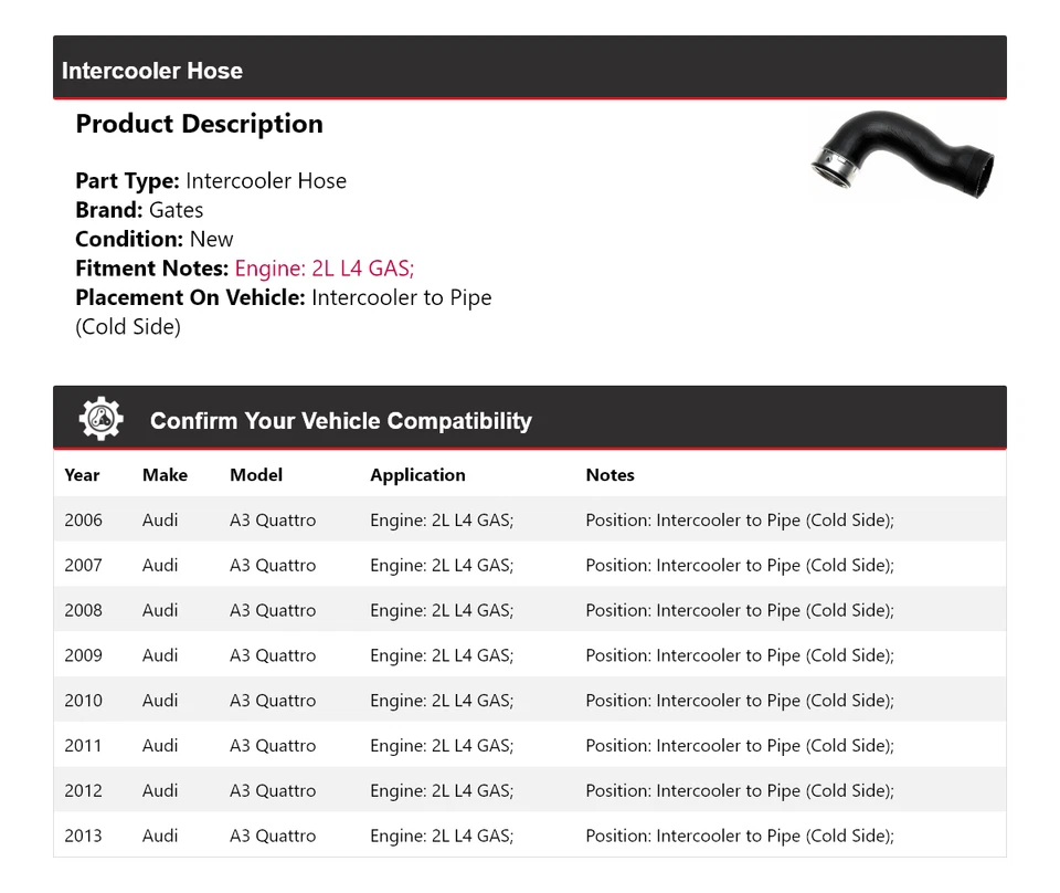 Puertas de manguera intercooler para Audi A3 Quattro 2006-2013 2007 2008 2009 2010 2011 Foto 2 de 4