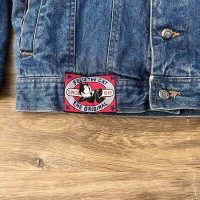 Vtg Felix The Cat Denim Jean Jacket American Flag Back Logo Button