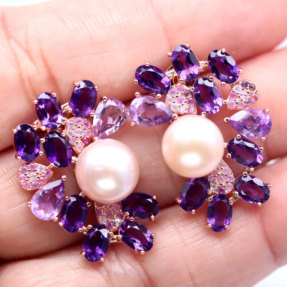 Prata esterlina 925 10 mm. Brincos de pérola branca, ametista roxa e safira rosa - Imagem 2 de 4