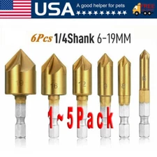 6Pc Chamfer Countersink Deburring Drill Bit Set Crosshole Cutting Metal Tool Kit