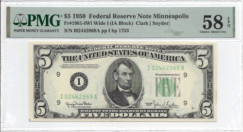 1950 $5 MINNEAPOLIS FRN. PMG Choice About Uncirculated 58 EPQ Banknote. WIDE I