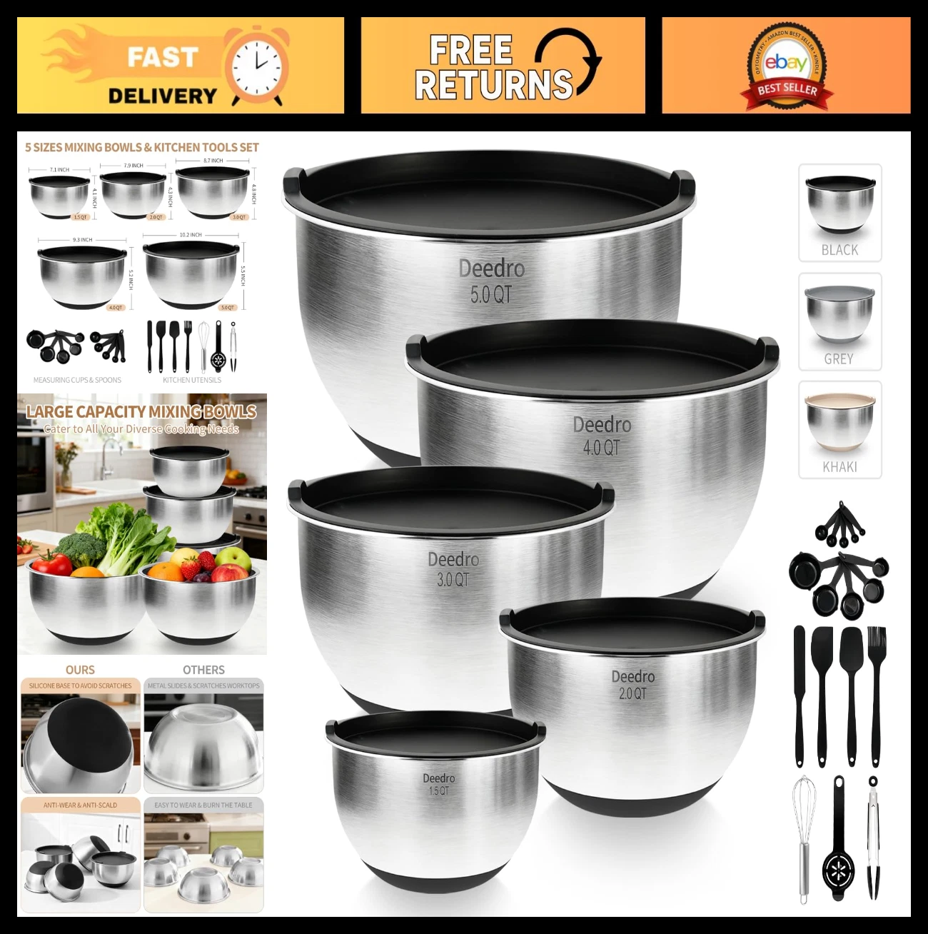 Premium Stainless Steel Mixing Bowls Set with Airtight Lids, 22 Pcs, Non-Slip Ba