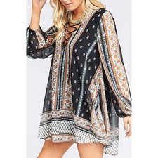 Show Me Your Mumu Tunic Blouse Floral Tasseled Lace Up V-Neck XS Lightening Bird