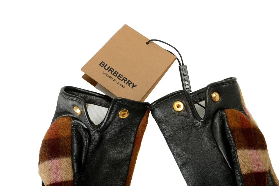 Burberry Women's "Victoria 3C CHK" Leather & Wool Check Gloves Sz 7 - Image 4 of 4