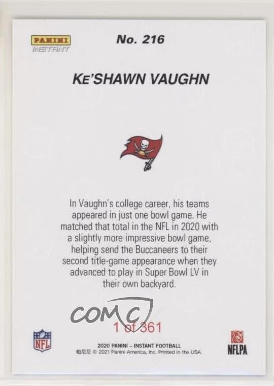 2020 Panini Instant NFL NFC Champions /361 Ke'Shawn Vaughn #216 Rookie RC - Image 2 of 2