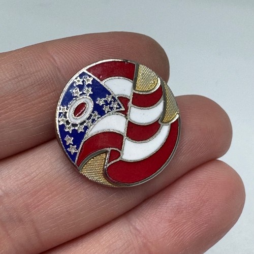 Vintage Ohio Flag Swirl Round Enamel Lapel Pin Red White Blue Patriotic