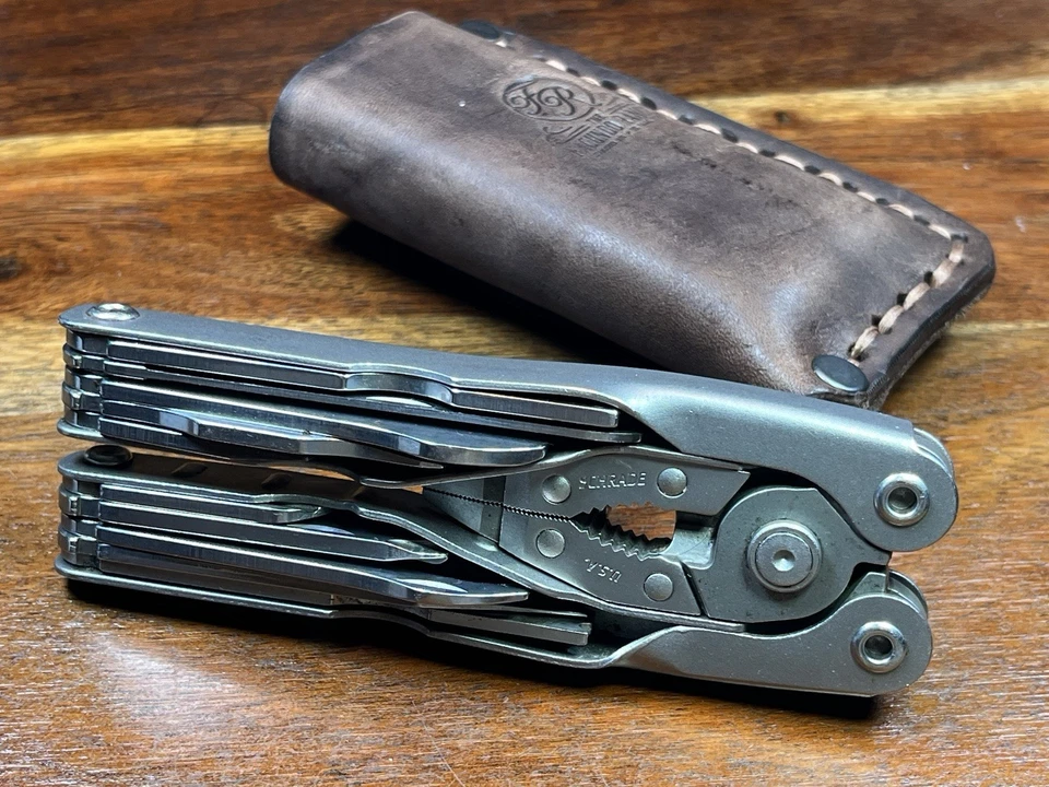 Cuchillos herramienta resistentes vintage Schrade EE. UU. alicates múltiples con funda de cuero nueva Foto 2 de 4