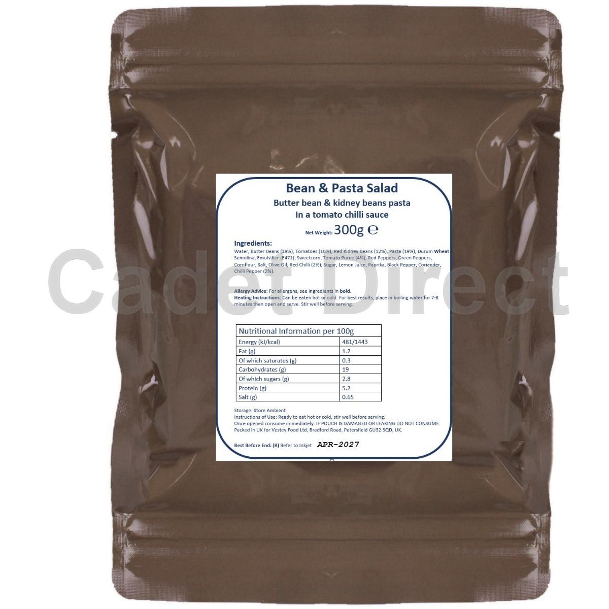 Paquete de raciones del ejército británico comida principal - pasta de frijoles y chiles (veg.)