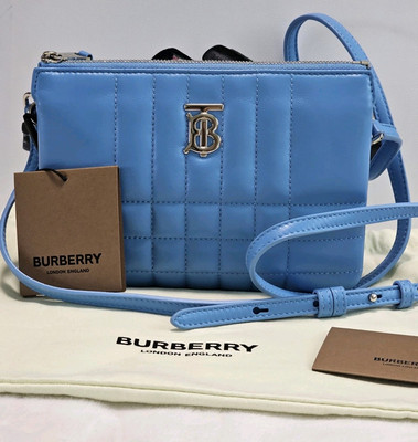 🔥🔥Burberry Sky Blue Quilted Check Leather Lola Double Pouch