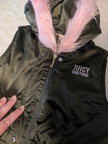 Juicy Couture Girls 8 - 10 Puffer Vest Jacket Olive Green Faux Fur Hood Pockets - Picture 6 of 8