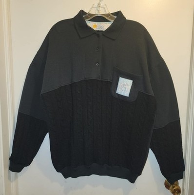 Vintage Southern Lights Women's Black Crewneck Pullover 1/4 Button Down Sweater