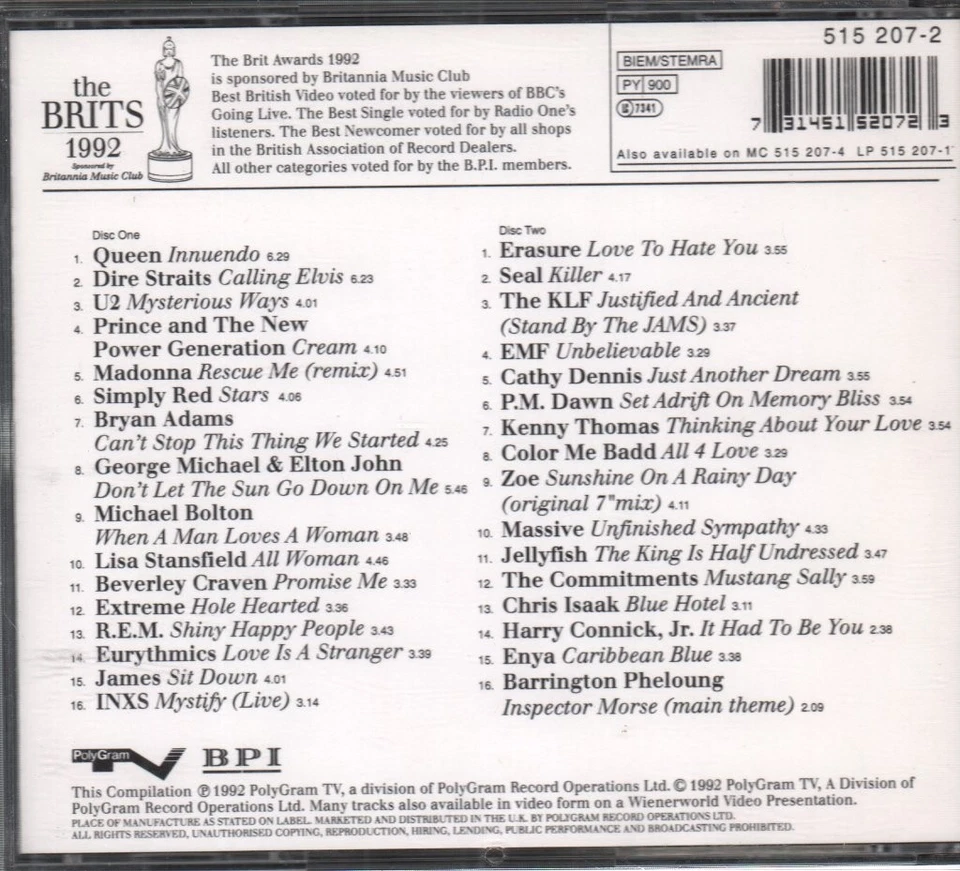 Various Artists Awards 1992 double CD UK Polygram Tv 1992 2 disc compilation set - Bild 2 von 2