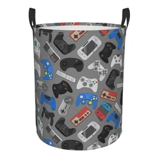 Video Game Controller Grey Background Round Laundry Hamper Storage Basket Toy...
