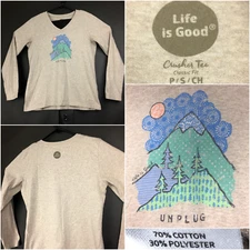 Life is Good Womens Small (34 in Bust) Brown Heather 'Unplug'  L/S V-Neck Tee