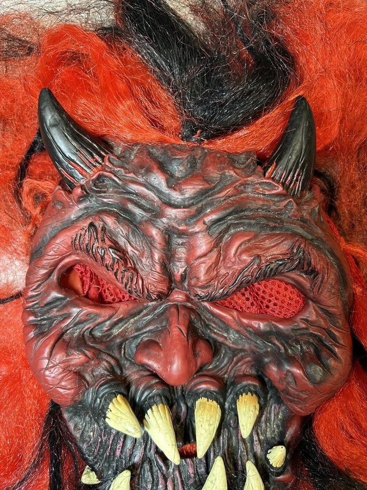 Red Devil Horned Horror Ghoul Adult 3D Vinyl Mask Long Red Hair Men Halloween - Image 3 of 4