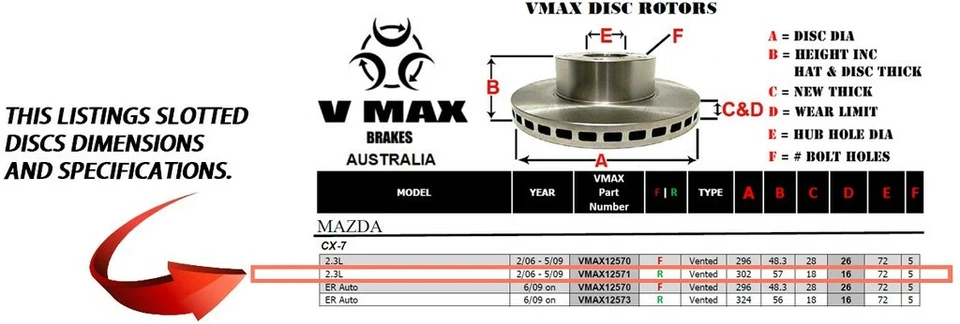 R SLOT fits MAZDA CX-7 2.3L & 2.5L 2006-2013 REAR Disc Brake Rotors & PADS - image 2 of 4