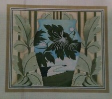 Blue and green vase with leaf background Handpainted Needlepoint Canvas