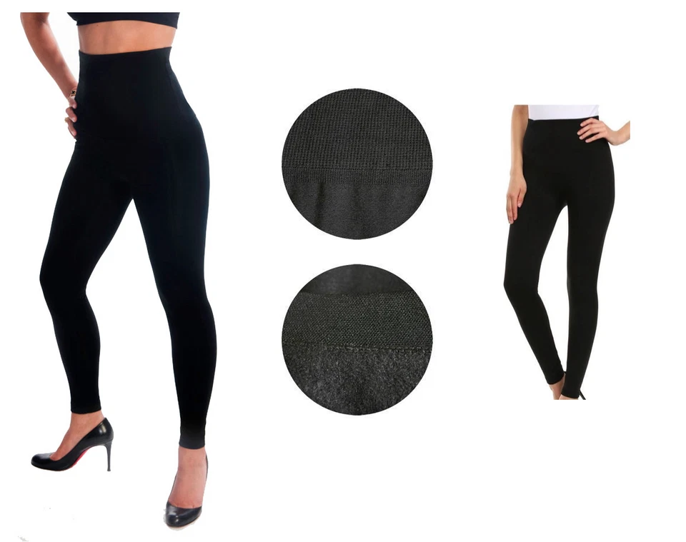 Legging negro forrado de lana sin pies cintura alta talla libre para mujer Plus #TX701X Foto 3 de 4