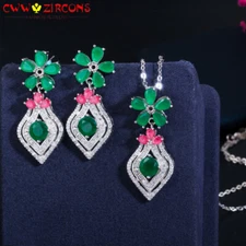 Cubic Zirconia Silver Plated Green Flower Necklace Earring Jewelry Set for Party