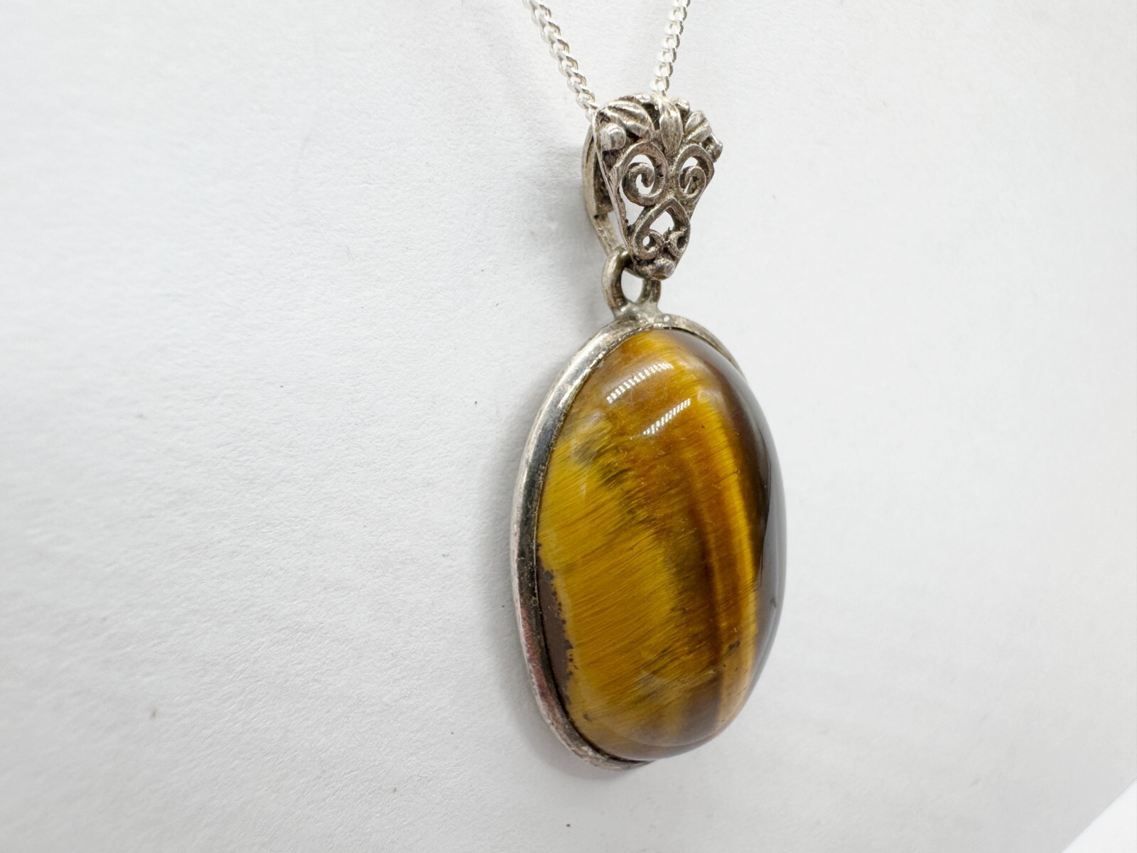 VINTAGE SOLID SILVER TIGERS EYE SOITAIRE PENDANTL… - image 4