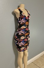 GUESS WOMEN SHIRRED LACE BODYCON STRETCH MINI DRESS - BLACK COLOR IN SIZE SMALL