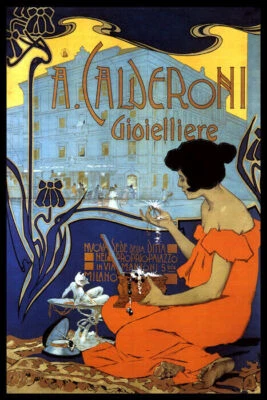 GREATVINTAGEPOSTERS A. CALDERONI GIOIELLIERE MILANO ITALY JEWELRY WOMAN DIAMOND VINTAGE POSTER REPRO