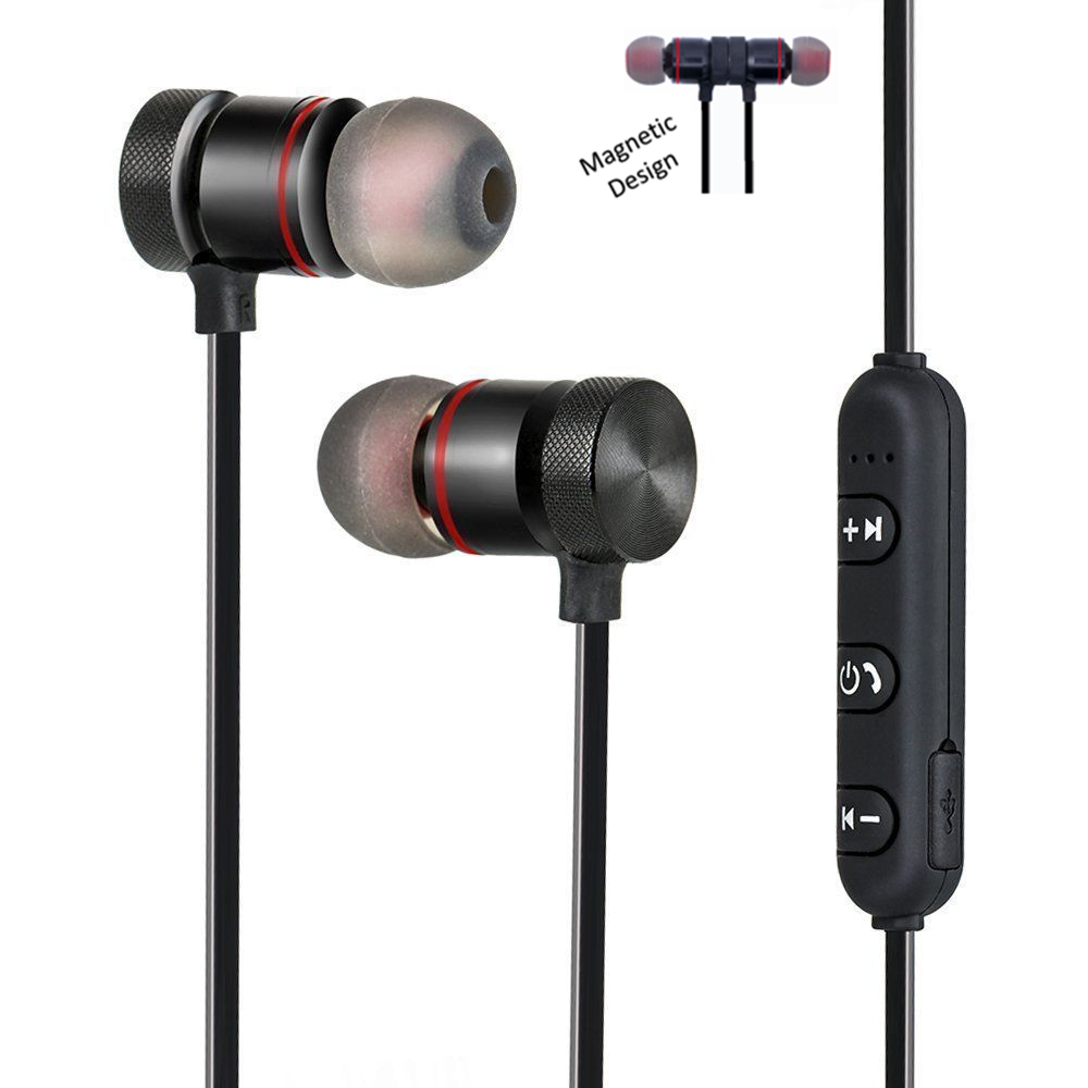 Magnetic Wireless Bluetooth Stereo Metal Earphones Headset with Mic  Black