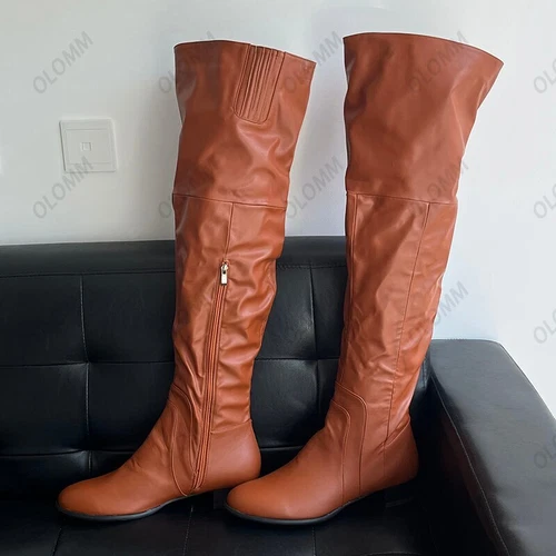 Women Party Over The Knee Boots Faux Leather Chunky Heels Round Toe Wine Red - Picture 12 of 15