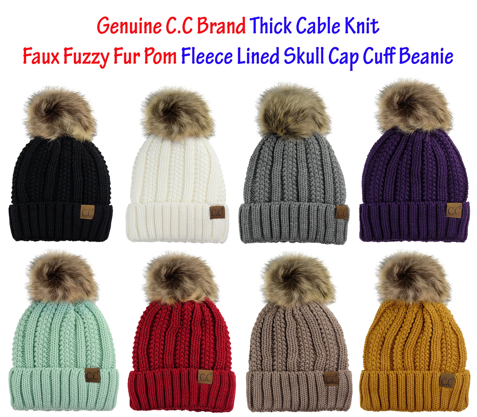 C.C Beanie Thick Cable Knit Faux Fuzzy Fur Pom Fleece Lined Skull Cuffed Cap