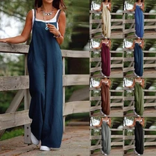 Cotton Linen Women Baggy Dungarees Jumpsuit Strappy Wide Leg Playsuit Overalls M