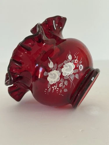 Fenton Ruby Red Rose Bowl Crimped Ruffle Edge Hand Painted Signed Floral 5” CHIP