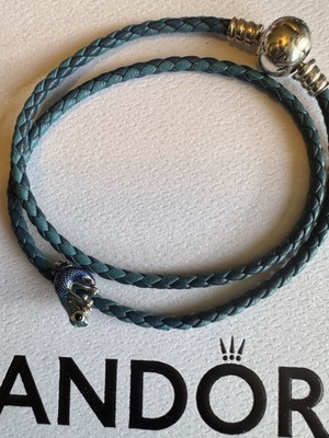 Pandora Blue Double Leather Bracelet With Gecko Charm!!! Authentic Item!!!