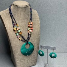 Pendant Necklace Earrings Set 16 In As Is Turquoise Blue Multicolor Shell Boho