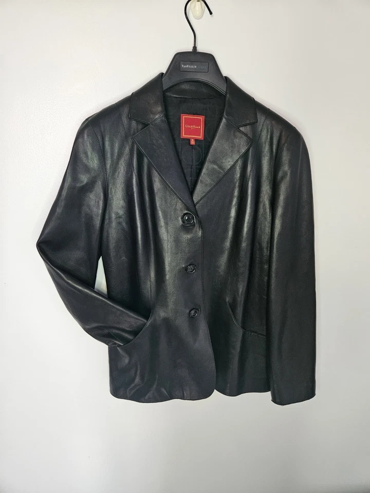 Chaqueta de Cuero Cole Haan Piel de Cordero Negra 3 Botones Blazer Estilo Talla 10 Para Mujer Foto 2 de 4
