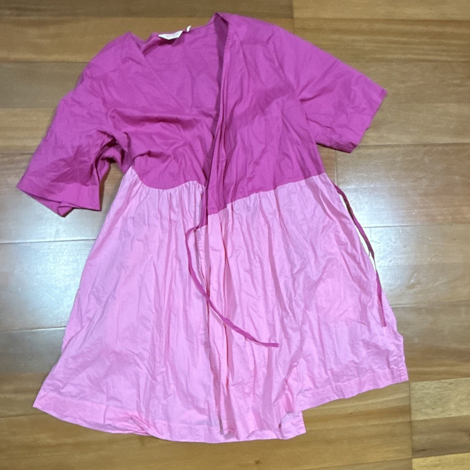 Gorman Pink Colourblock Wrap V-Neck 3/4 Sleeve Knee Dress Organic Cotton Size 10