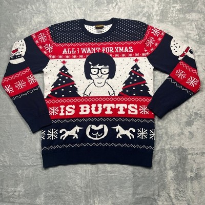 Bob's Burgers Sweater All I Want For Xmas Is Butts Men's L Blue Tina Belcher