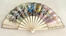 Vintage 9" Spanish White Hand Folding Fan Wood Hand Painted with Flowers Spain