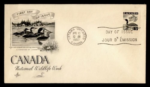 DR WHO 1957 CANADA FDC WILDLIFE LOON BIRD ARTCRAFT CACHET M68182