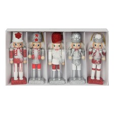 Image of Set of 5 Nutcracker Hanging Christmas Tree Decorations silver & red