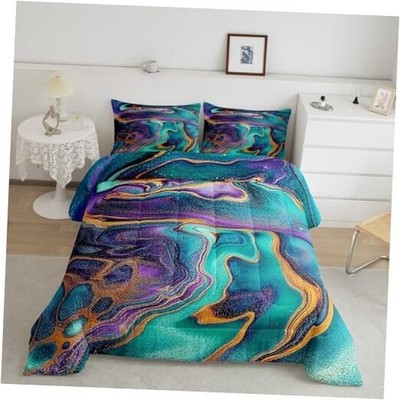 Abstract Fluid Marble Comforter Set Turquoise And Golden Color Full Multi 19