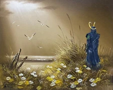 Loki On Beach Marvel Fine art Print poster Upcycled thrift store painting