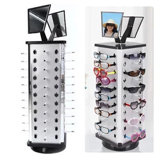 44 Pairs 360 Rotating Sunglass Display Rack, Metal Glasses Stand Holder W/Mirror